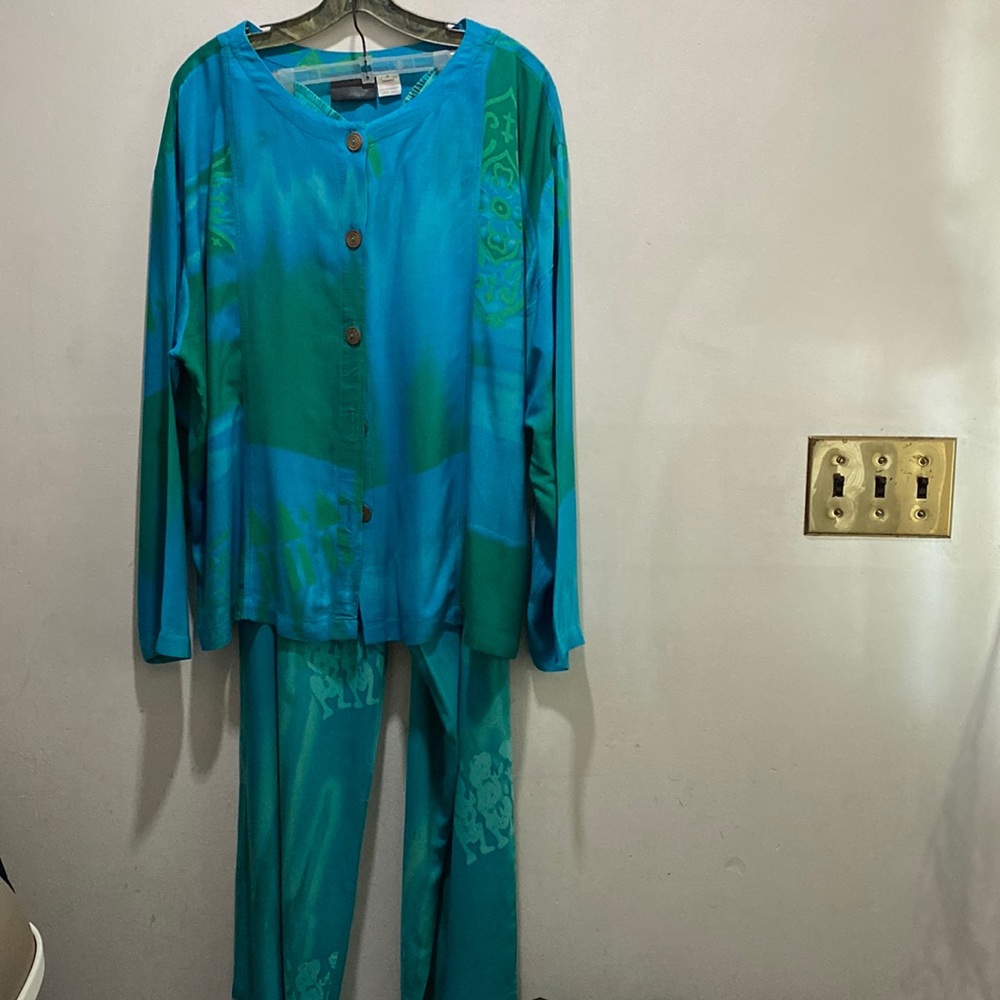COLORFUL! PRETTY TURQUOISE PRINT LEISURE PANTSET-